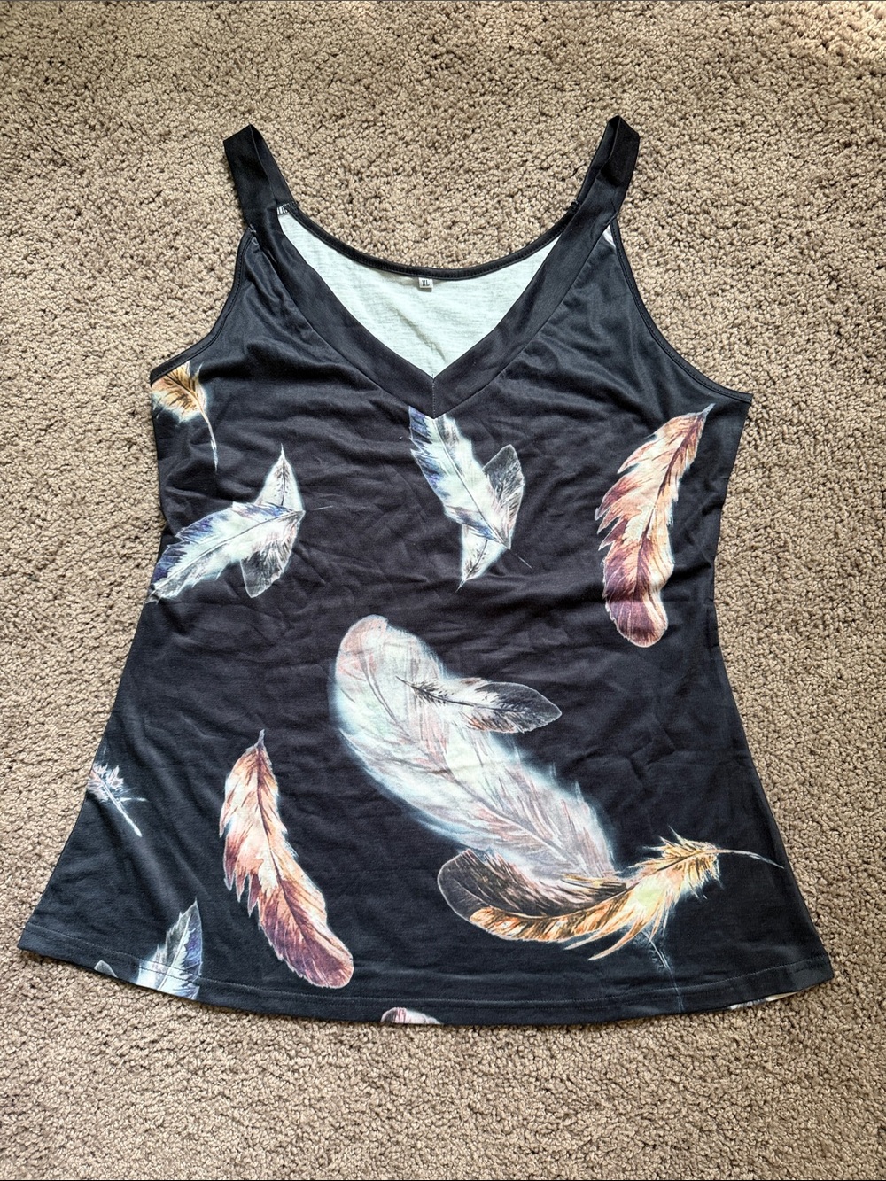 Black Feather-Print V-Neck Tank Top